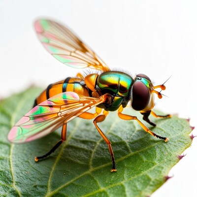 Colorful Hoverfly on Green Leaf
