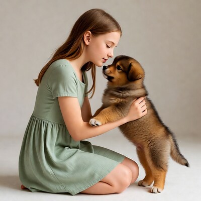 Girl hugging cute puppy