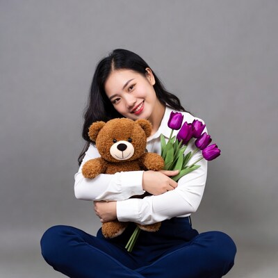 Asian woman holding teddy bear and tulips