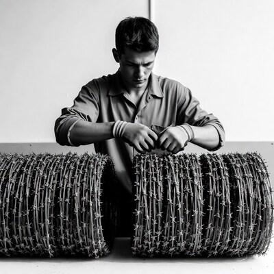 Man working with barbed wire coils