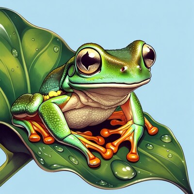 Tree Frog on Dewy Leaf