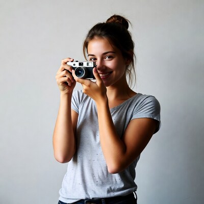 Young woman holding vintage camera