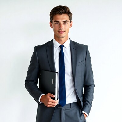 Handsome man in suit holding folder