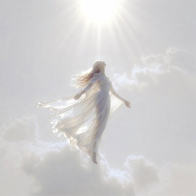 Woman floating in white dress among clouds