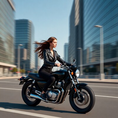 Woman riding black motorcycle in city