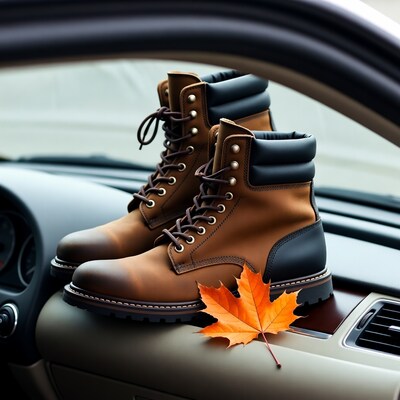 Brown leather boots with fall leaf in car
