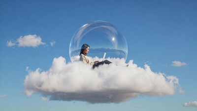 Woman working on laptop in bubble on clouds
