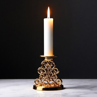 White candle lit on gold candlestick
