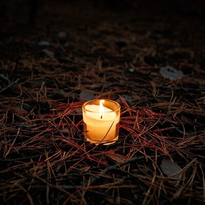 Candle burning on forest floor