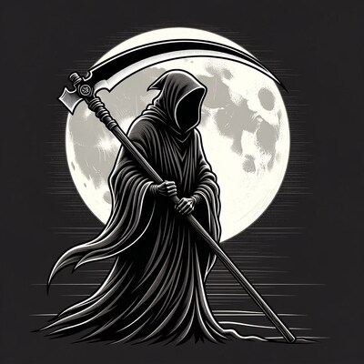 Grim Reaper with scythe under moon
