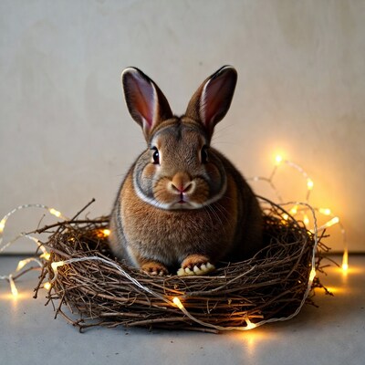 Rabbit in nest with fairy lights