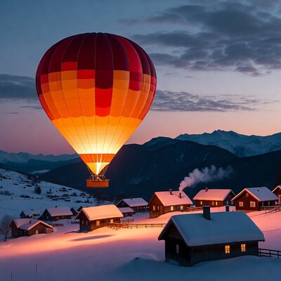 Hot air balloon over snowy alpine village