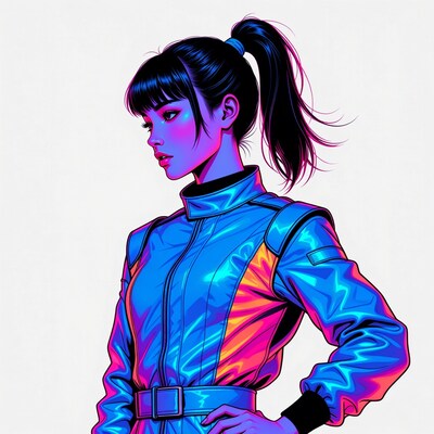 Asian woman in neon racing suit