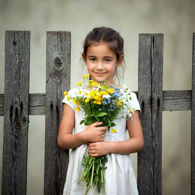 Girl holding wildflower bouquet by fence