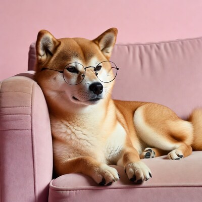Shiba Inu wearing glasses on pink couch