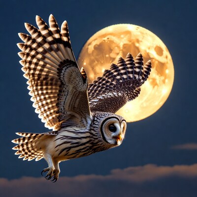 Barn Owl Flying Before Full Moon