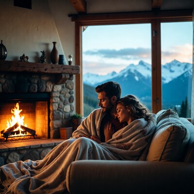 Couple cuddling on couch by fireplace