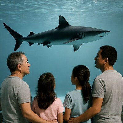 Family watching shark in aquarium