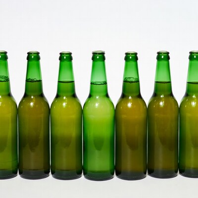 Green beer bottles on white background