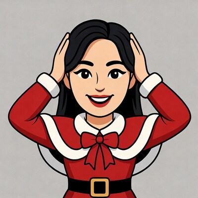 Asian woman in Santa dress hands on ears