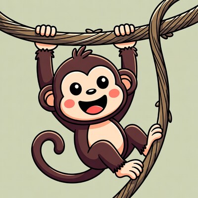 Cartoon monkey hanging on vine