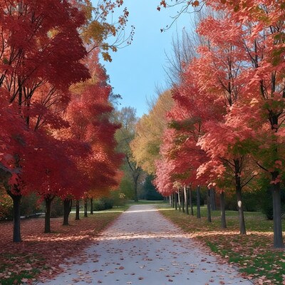Autumn Path Lined with Red Trees