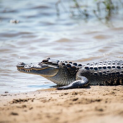 Alligator resting by lakeshore
