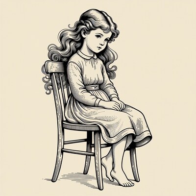 Girl sitting barefoot on wooden chair