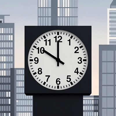 Black clock showing 11:00 in city skyline