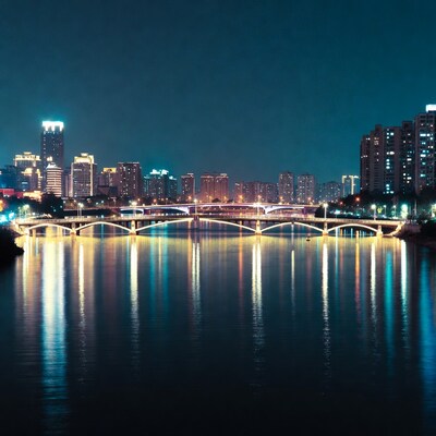 Night Bridge Over River City Skyline