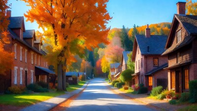 Autumn Street Lined with Colorful Houses