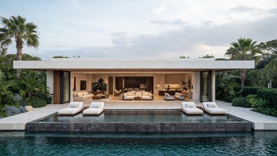 Modern white house infinity pool palms