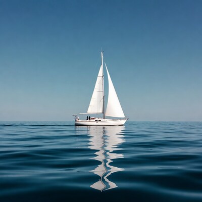 White sailboat reflecting on ocean