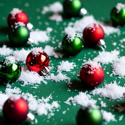 Red and Green Christmas Ornaments with Snow