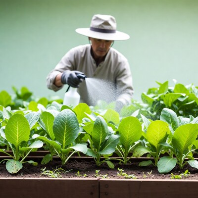 Asian man spraying plants in garden