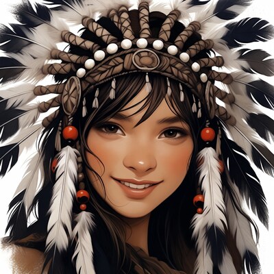 Asian woman in Native American headdress
