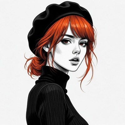 Redhead woman in black beret and turtleneck