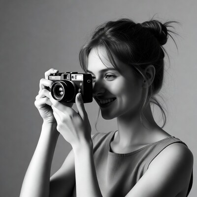 Woman holding vintage camera