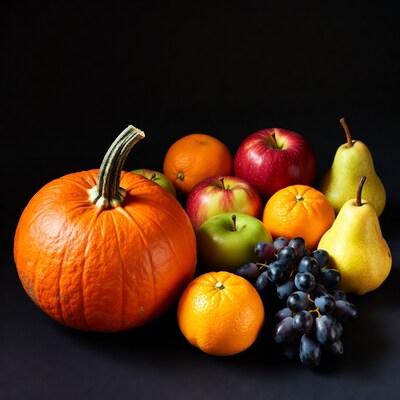 Pumpkin with apples oranges grapes pears