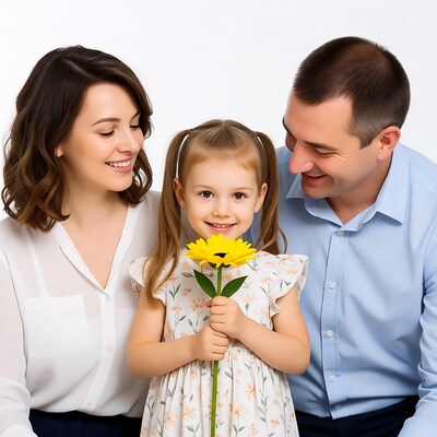 Family with girl holding yellow flower