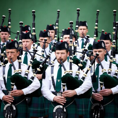 Bagpipers in kilt uniforms playing