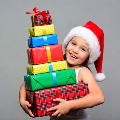 Girl holding stack of Christmas gifts