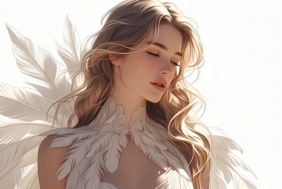 Blonde woman with white feathers