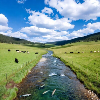 Salmon swimming in river with cows