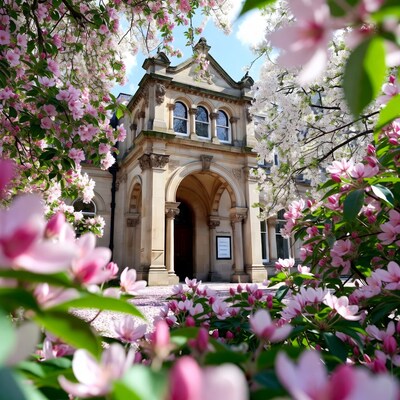 Victorian Building Framed by Pink Cherry Blossoms