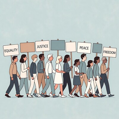Diverse group marching with equality justice peace freedom signs