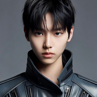 Asian man in futuristic leather jacket