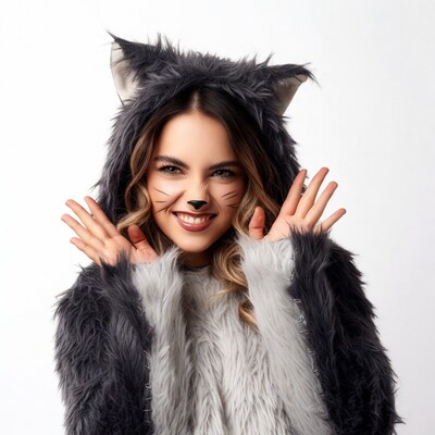 Woman in cat costume with paws up