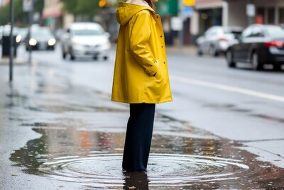 Woman in yellow raincoat standing in puddle