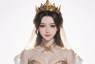 Asian woman in golden crown and white gown